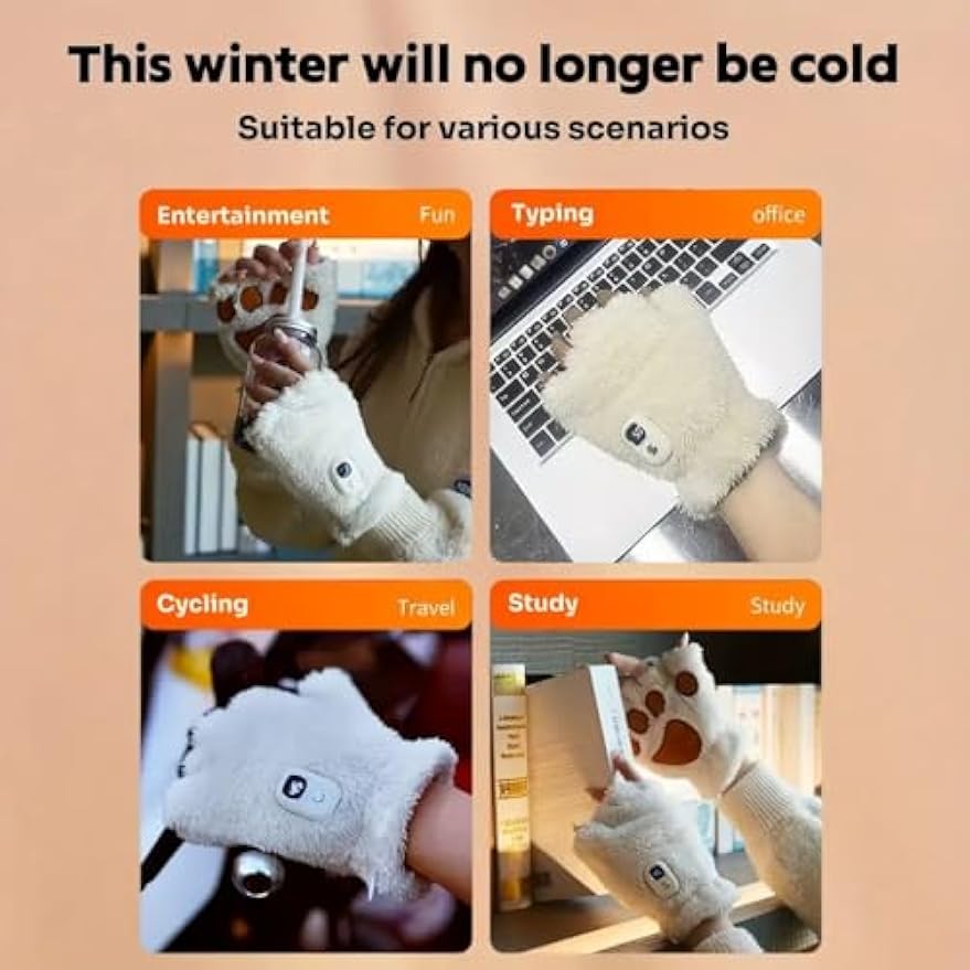 Heated Gloves for Women Rechargeable Cat Paw  – USB Electric Hand Warmers with 3 Heat Levels, Washable Half-Finger Cute Cat Claw Mittens for Office, Study & Gifts