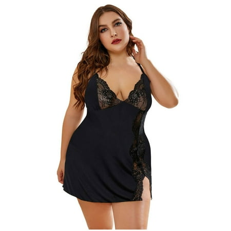 FRSASU Plus size clearance Pajamas Women Lace Lingerie Deep V-Neck Sleepwear Underwear Dress G-string Nightdress Black M(M)