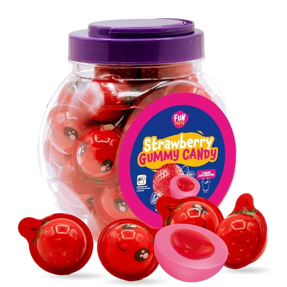 Funtasty Strawberry Gummy Balls Candy with Jam Center, 19-Ounce Jar (30 Count).  Valentines Candy