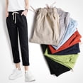 thumbnail image 1 of Pantalones casuales de algodón y lino para mujer, pantalones Hallen recortados, pantalones Radish, pantalones deportivos de lino de cintura holgada de color sólido de verano para mujer, 1 of 2