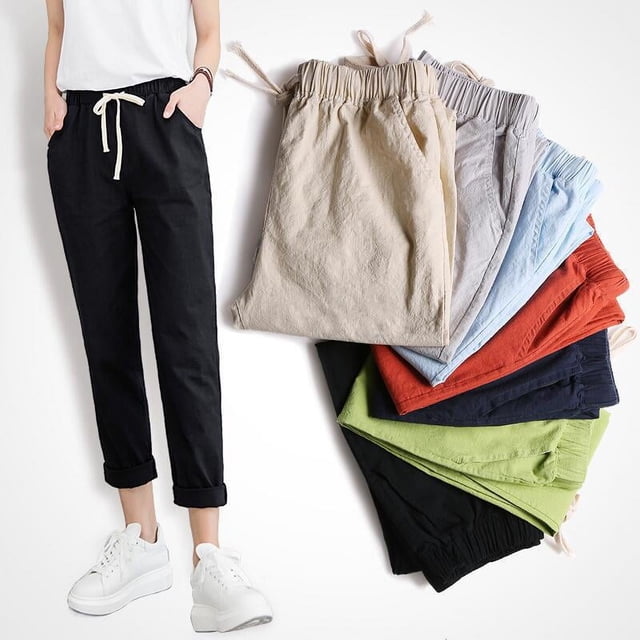 Pantalones casuales de algodón y lino para mujer, pantalones Hallen recortados, pantalones Radish, pantalones deportivos de lino de cintura holgada de color sólido de verano para mujer