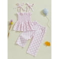 thumbnail image 4 of Toddler Kids Little Girl Checkered Outfit, 6 9 12 18 24 Months 2T 3T 4T 5T Tie Shoulder Shirred Babydoll Tops Elastic Waist Long Pants 2 Pcs Summer Clothing Set, 4 of 9