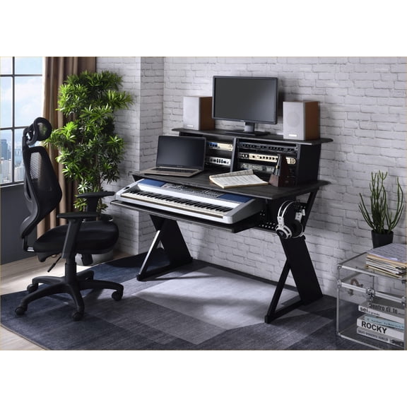 Music Desks Modern Black with Keyboard Tray, Storage Shelf & Cord Management | Black | Synthetic Wood