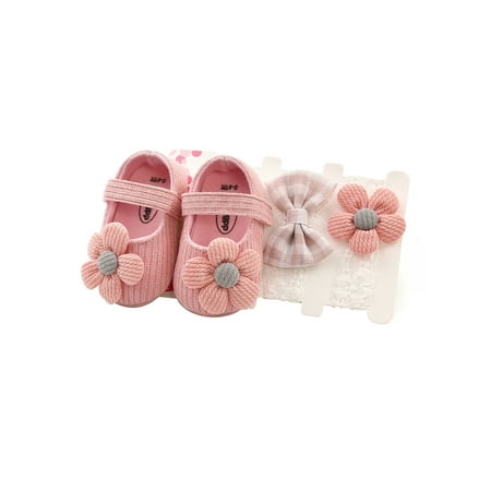 

3Pcs Newborn Baby Girls Baptism Shoes and Headband Set Soft Sole Floral First Walkers Party Pageant Princess Flats + Hairbands Set