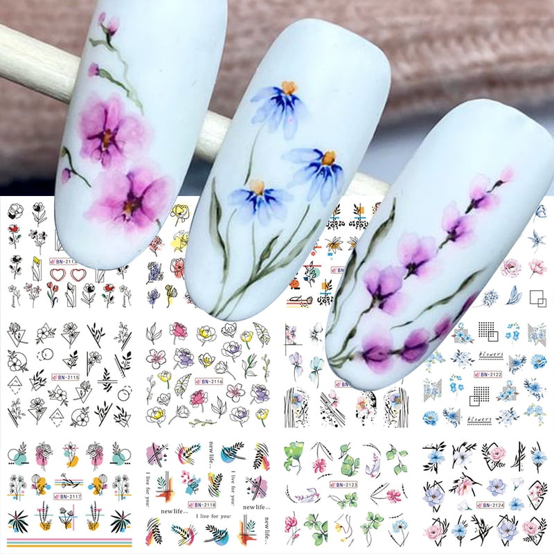 12pcs Geometry Flower Leaf Nail Stickers Line Graffiti Painted Colorful Water Decal Link Blooming Slider for Nail Decoration