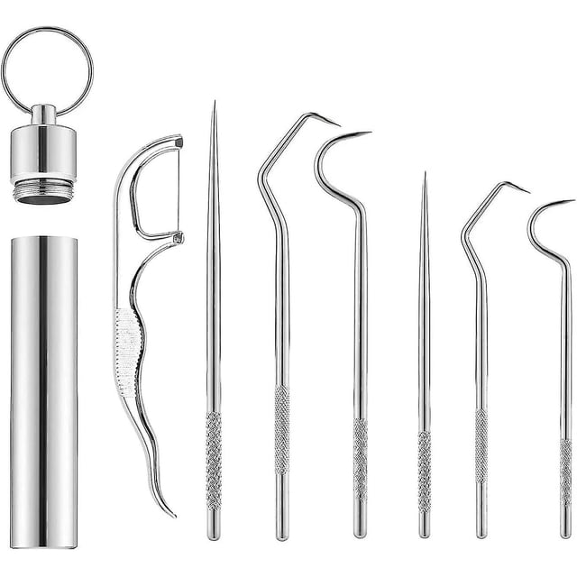 7 piezas de acero inoxidable 304 Juego de palillos de dientes Palillos de dientes de titanio Palillo de dientes de metal Palillo de dientes reutilizable con estuche