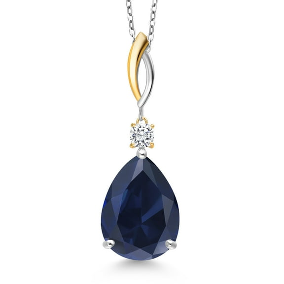 925 Silver and 10K Yellow Gold Blue Created Sapphire and White Moissanite Pendant Necklace for Women | 12.95 Cttw | Gemstone September Birthstone | Pear Shape 18X13MM | With 18 inch Chain