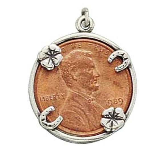 Sterling Silver 16" .8mm Four Lucky Charms Lucky Penny Holder Pendant Necklace