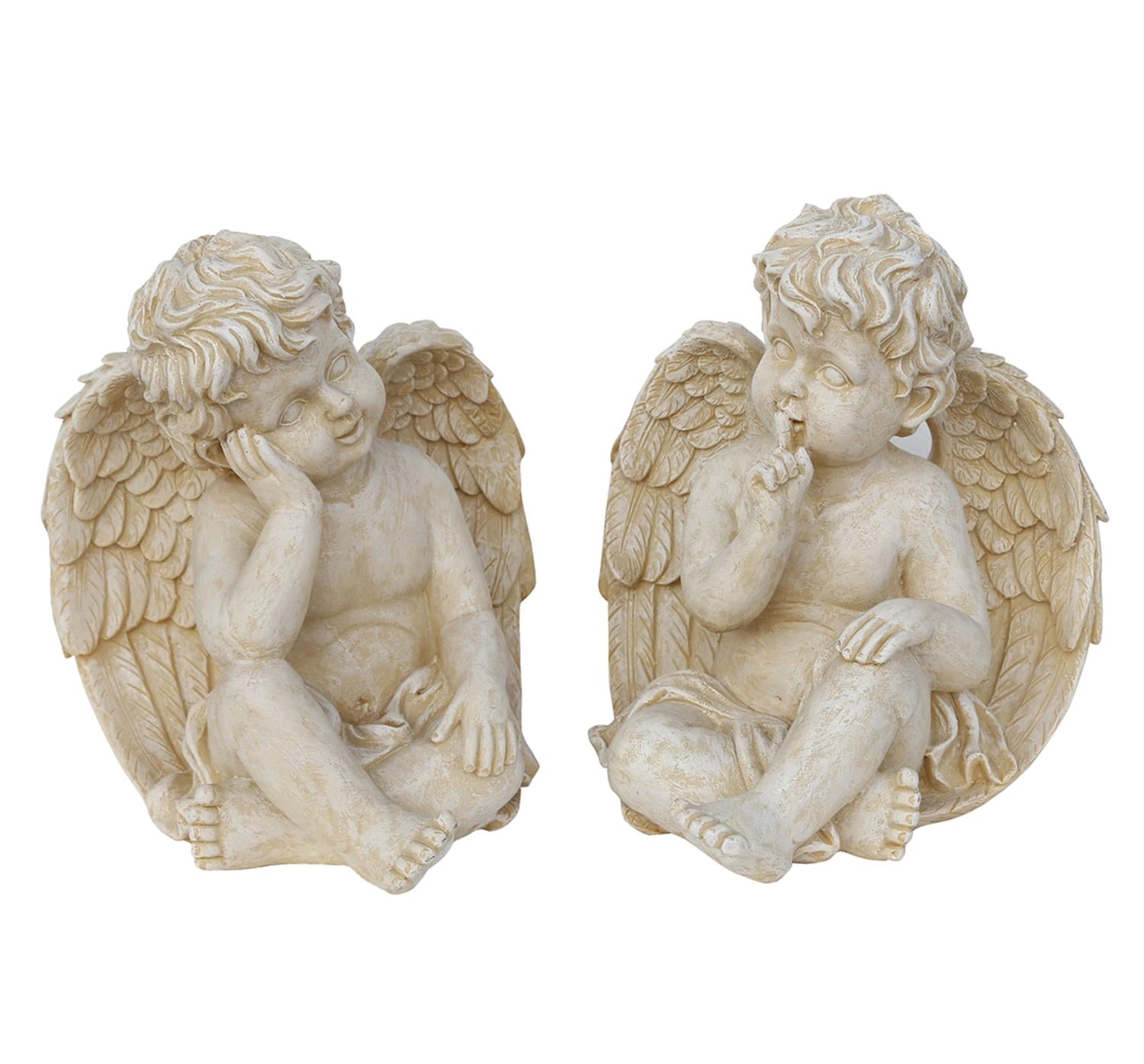 Set of 2 Weathered Pensive Sitting Cherub Angel Outdoor Garden Statues 13" by Northlight