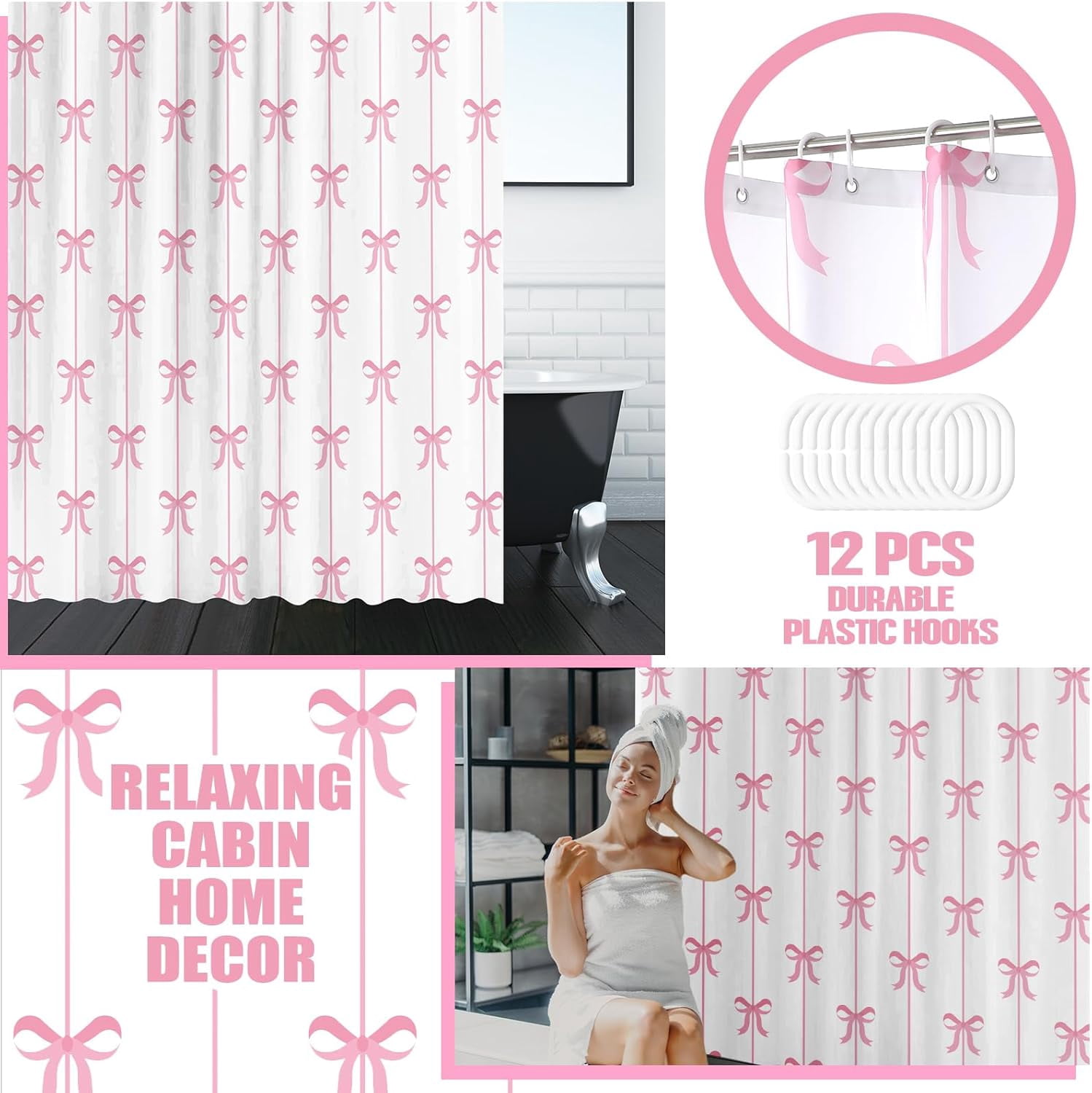 Pink Bow Knot Shower Curtain Set 4 Pcs Coquette Bow Bathroom Decor Set with Rugs Romantic Pink Aesthetic Bathroom Curtain with 12 Hooks for Women