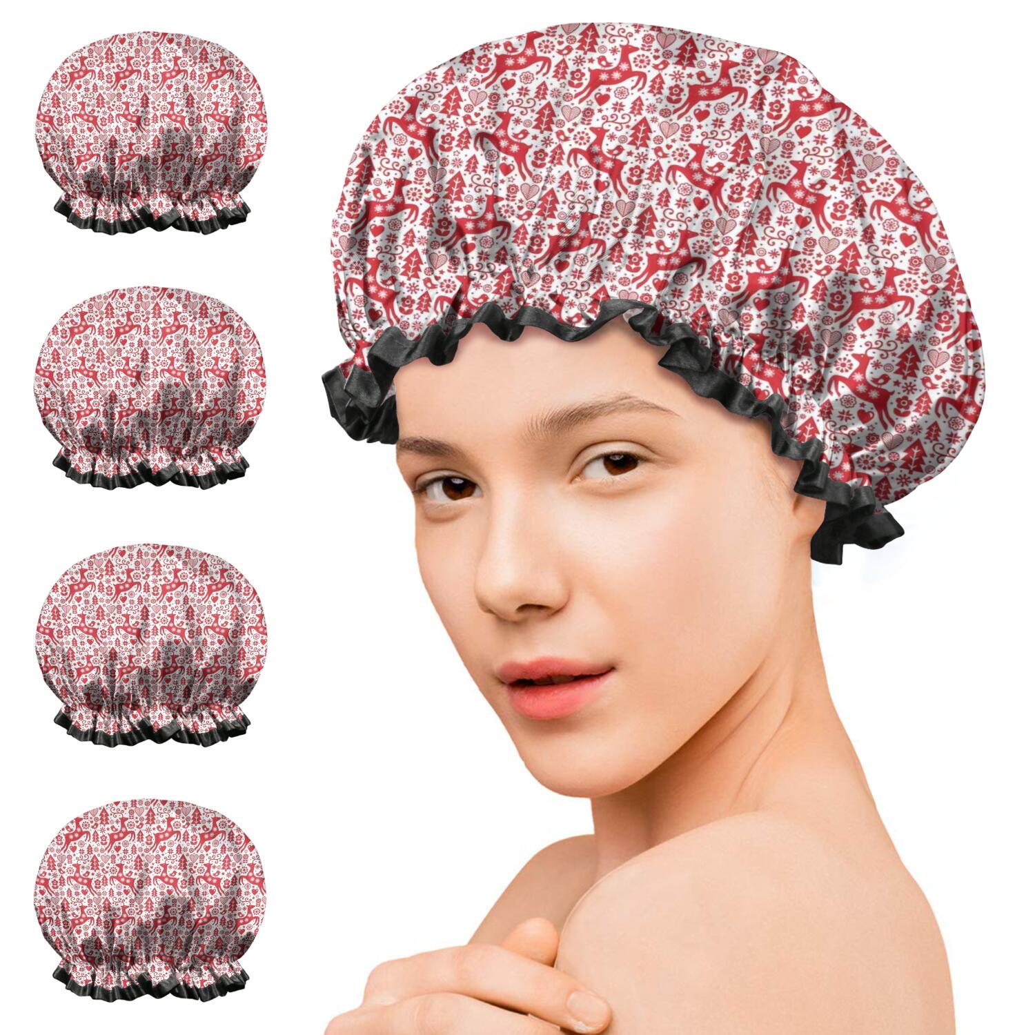 Shower Caps,Red Christmas Reindeer Pattern Waterproof Shower Cap for Women 4 Pieces,Double Reusable Hair Cover for Shower PEVA Elastic Stretch Hem