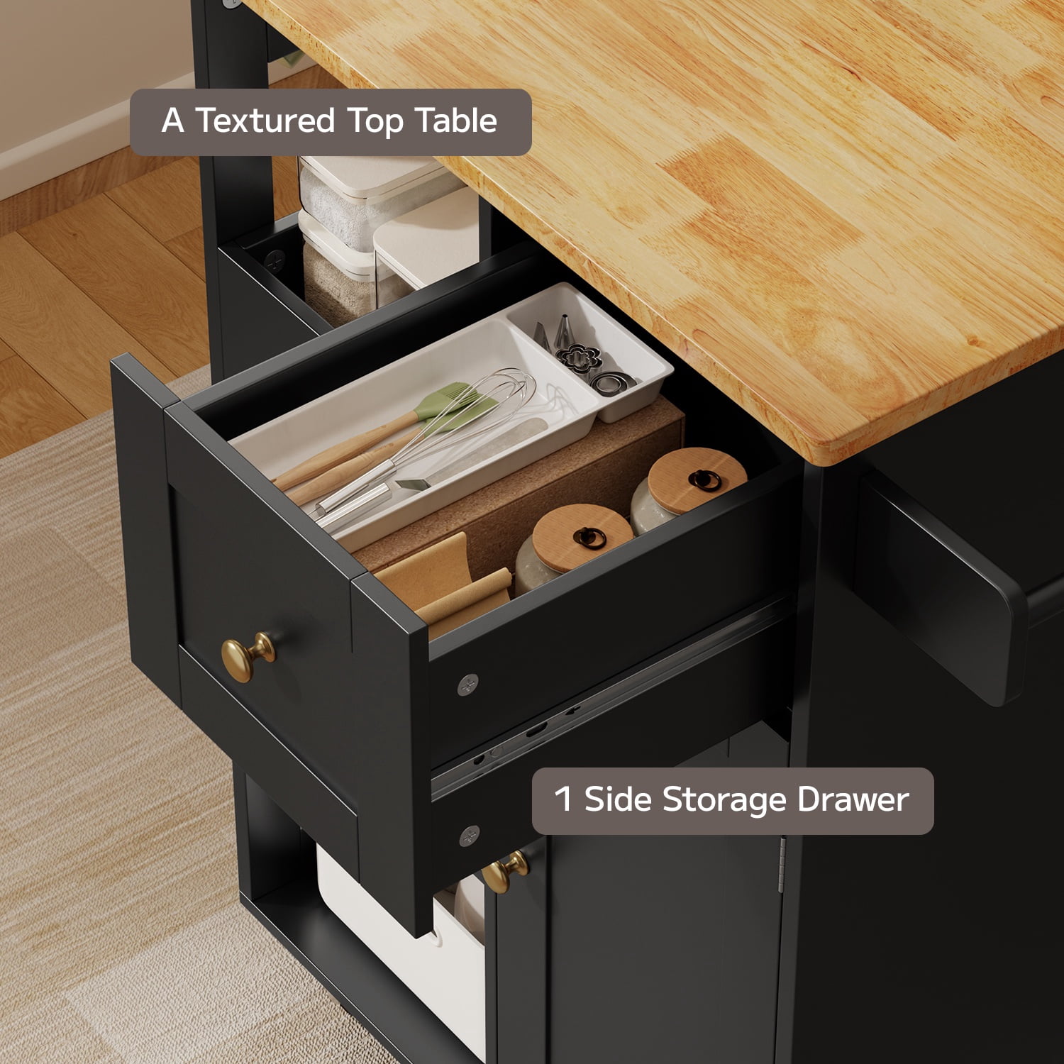 Kitchen Island Cart on Wheels, Asofer Bar Cart with Adjustable Shelf and Removable Tray for Dining Room, Black