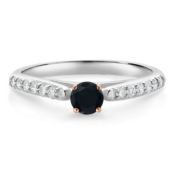 Gem Stone King 10K White and Rose Gold Black Onyx and White Lab Grown Diamond Engagement Ring for Women (0.31 Cttw, Gemstone December Birthstone, Round 3.5MM, Size 9)