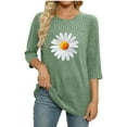 thumbnail image 4 of 3/4 Sleeve Ribbed Knit Tops for Women Daisy Printed Loose Crew Neck Tee Shirts Dressy Casual Pullover Going Out Graphic Blouse, 4 of 6