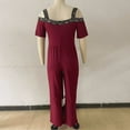 thumbnail image 3 of MORTTIC Plus Size Women's V-Neck Short Sleeve Wide Leg Jumpsuit with Rhinestone Detail Elegant Summer Romper Wine Red，3XL, 3 of 4
