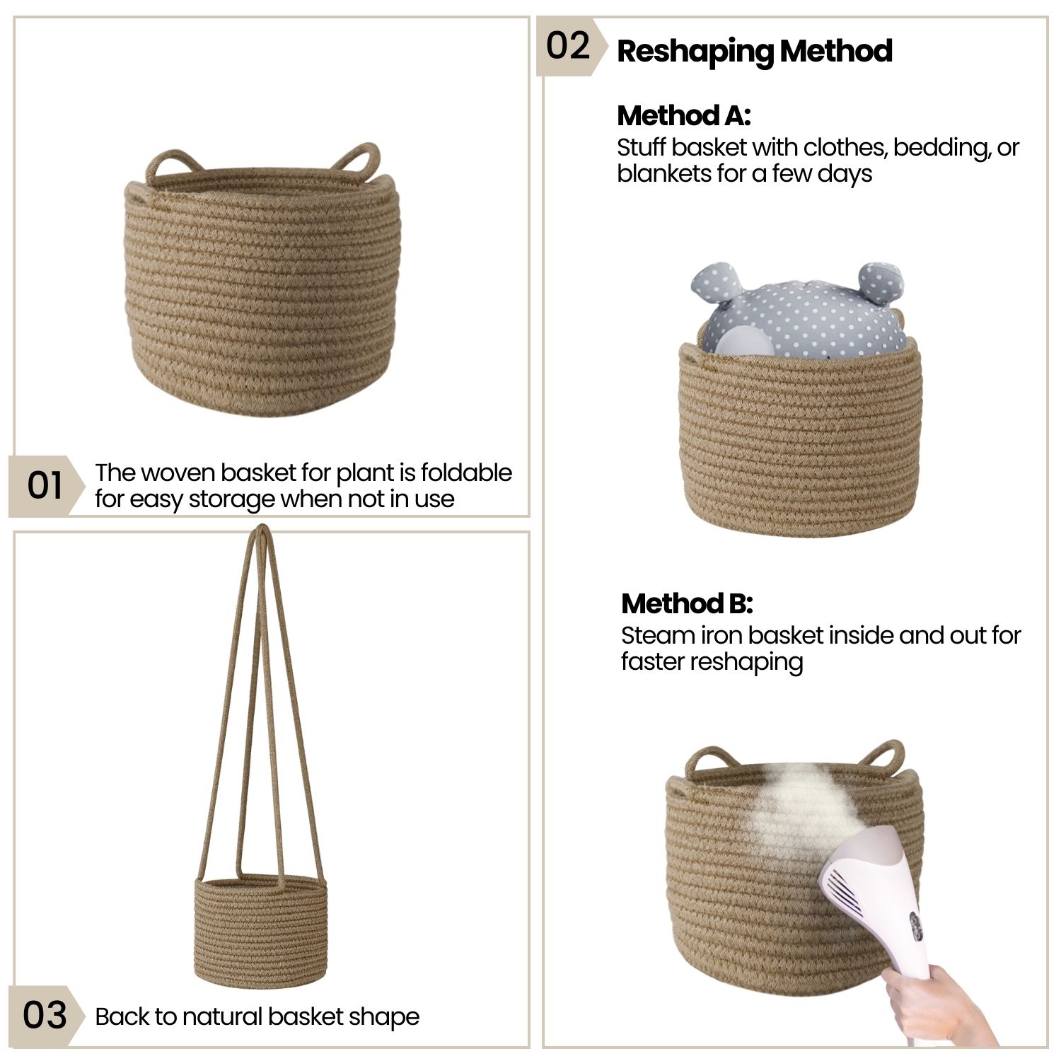 Hanging Plant Basket, Boho Cotton Rope Basket Indoor Hanging Planter, Up to 7" Flower Pot, Macrame Woven Modern Plant Holder, Storage Bin Organizer, Home Decor with 20" Hanging Rope, Brown