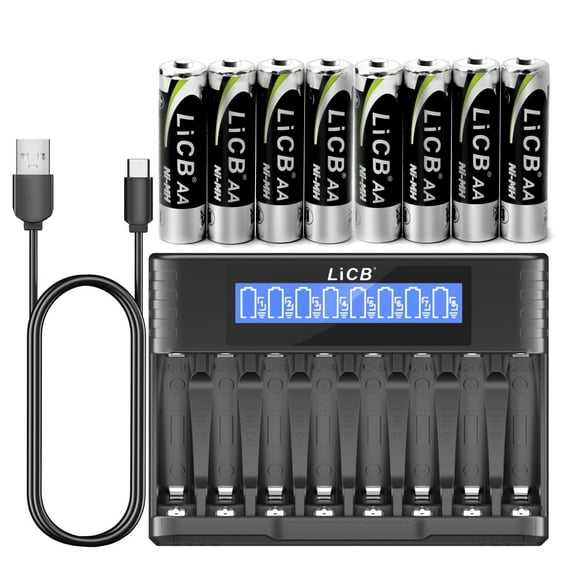 LiCB NiMH Batteries AA 2800mAh with Smart 8 Bay Battery Charger, 8 Count 1.2V Rechargeable Double A Battery