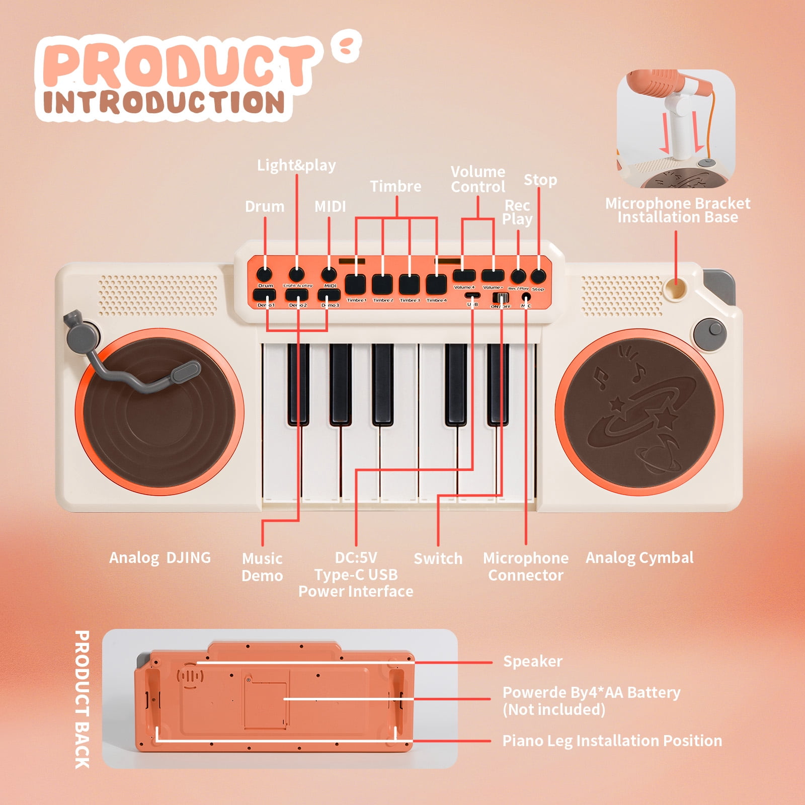 Dammyty Musical Toddler Piano Keyboard with Microphone, Educational Baby Music Toy for Kids