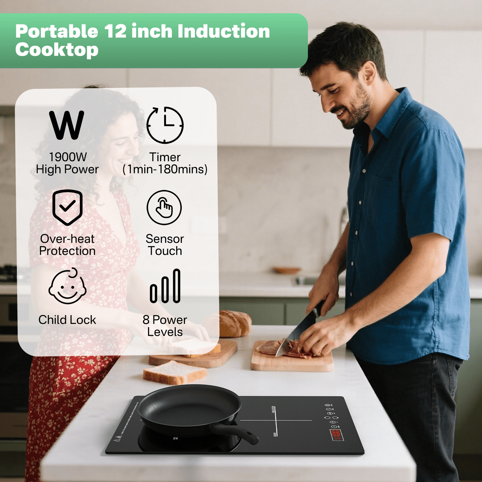 2 Burner Induction Cooktop, 12 inch Electric Countertop & Built-in Stove, Dual Zone Hot Plate with Touch Control, 120V Plug-in Electric Cooktop For Kitchen