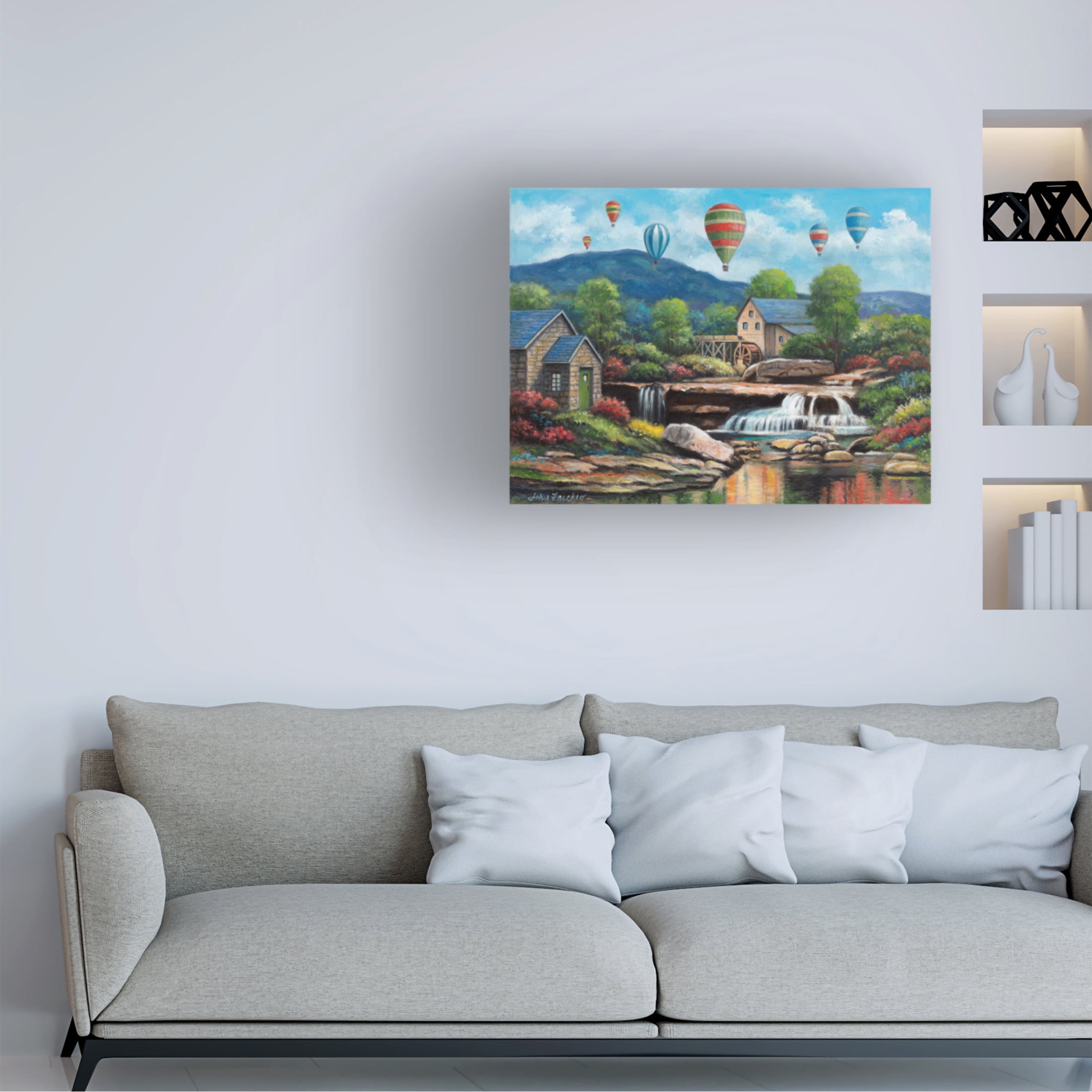 Canvas Wall Art - John Zaccheo 'Spring Balloons Over The Mill' Wall Art for Living Room, Bedroom, or Office Décor by Trademark Fine Art - 47 x 35 Inches