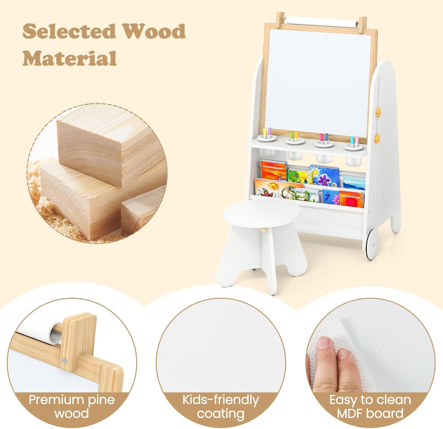 INFANS Easel for Kids with Stool, 4-in-1 Double-Sided Adjustable Magnetic Chalkboard with Paper Roll, Bookshelves, Wheels, Wooden Standing Painting Drawing Art Board for Boys Girls