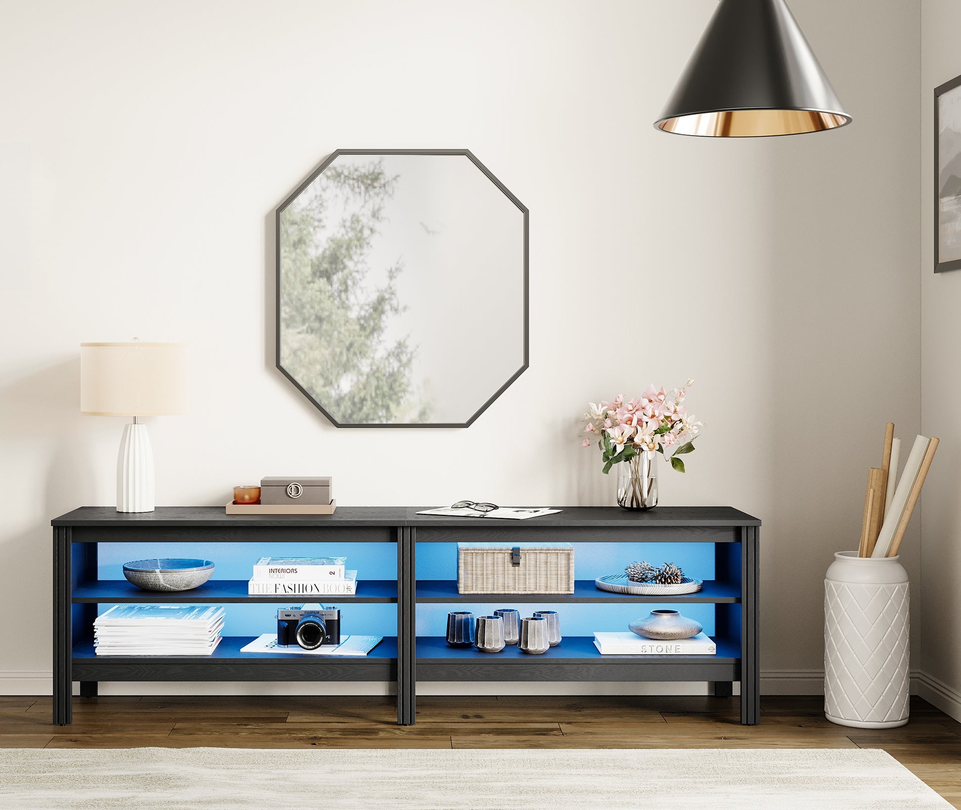 Fitueyes 70" TV Stands for TVs Up to 75 Inch, Media Console with Open Shelves & LED Light for Living Room, black