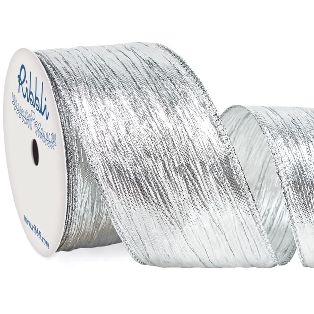 Ribbli Ribbli, 6,5 cm x 9,1 m, plateado, arrugado, con alambre metálico