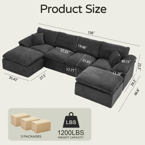 130" Modular Sectional Sofa, L-Shape Cloud Couch with 2 Movable Ottomans, Comfy Chenille Deep Seat Sofa with Soft Pillows for Living Room Apartment, Black