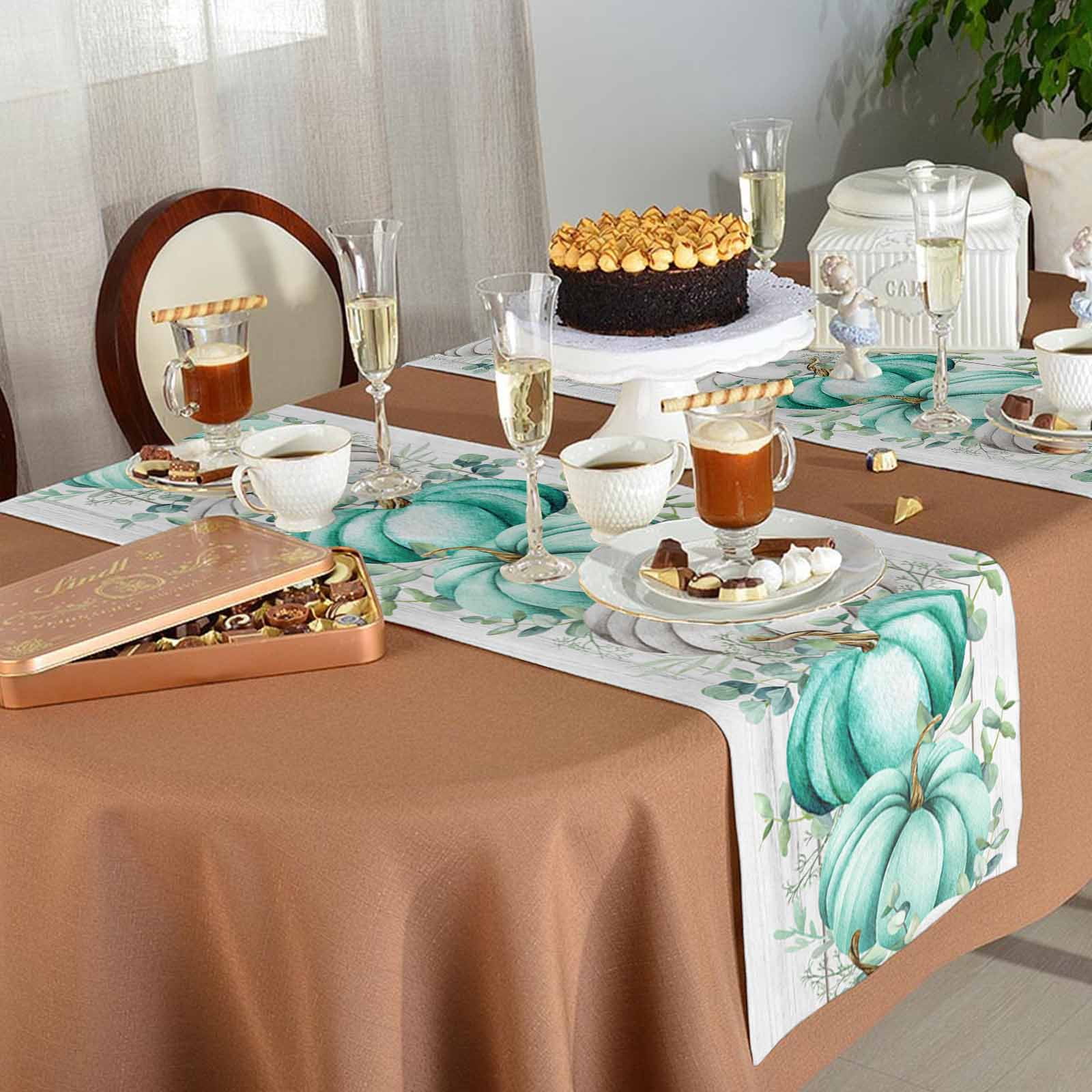 Table Runner 36 Inches Long, Fall Teal Pumpkin Thanksgiving Eucalyptus Wood Plank Cotton Linen Table Runners Non-Slip Durable Dresser Scarves for Table Party Dinner Holiday Home Decor, 1 Pack