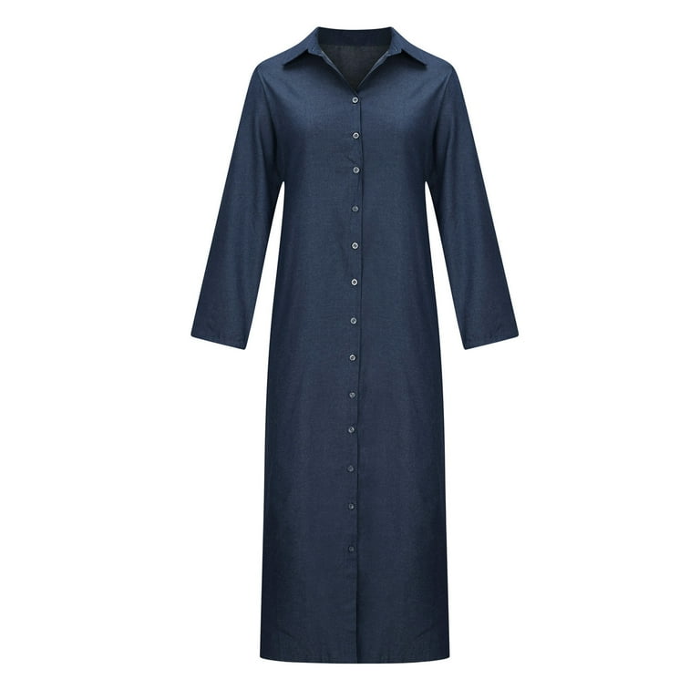 Hfyihgf Womens Maxi Dresses Casual Lapel Neck Button Down Long Denim Dress  Long Sleeve Loose Shirt Dresses with Pockets(Light Blue,L)