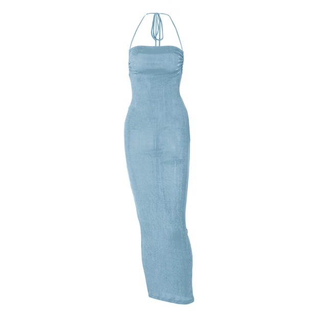 VISgogo Vestido ajustado con espalda abierta para mujer, falda cruzada sin mangas con cuello halter de color liso, verde/azul/rosa VISgogo moda