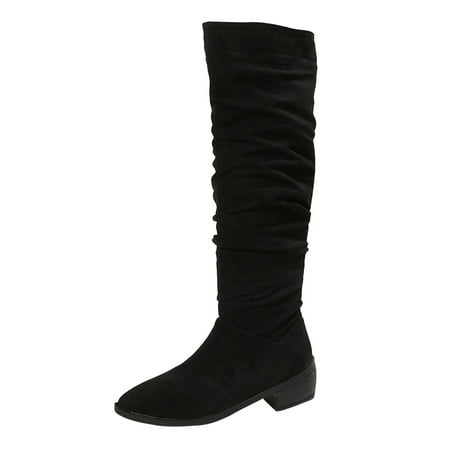 

Ladies Fashion Solid Color Flock Pleated Pointed Toe Thick Heels Casual Long Boots