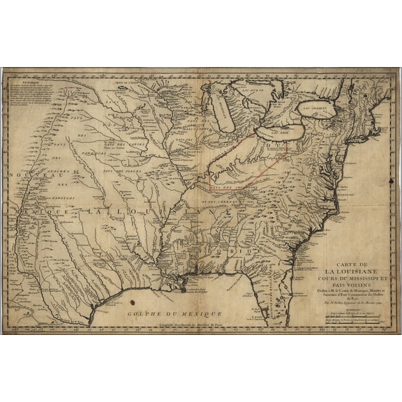 24"x36" Gallery Poster, Carte de Louisiana Mississipi Michigan map 1744