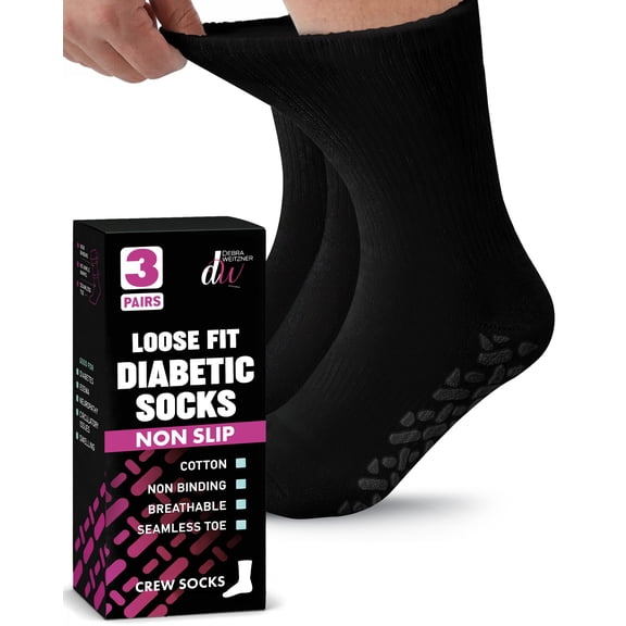 Debra Weitzner Non-Binding Loose Fit Sock - Non-Slip Diabetic Socks for Men and Women - Crew 3-Pack Black Size 10-13