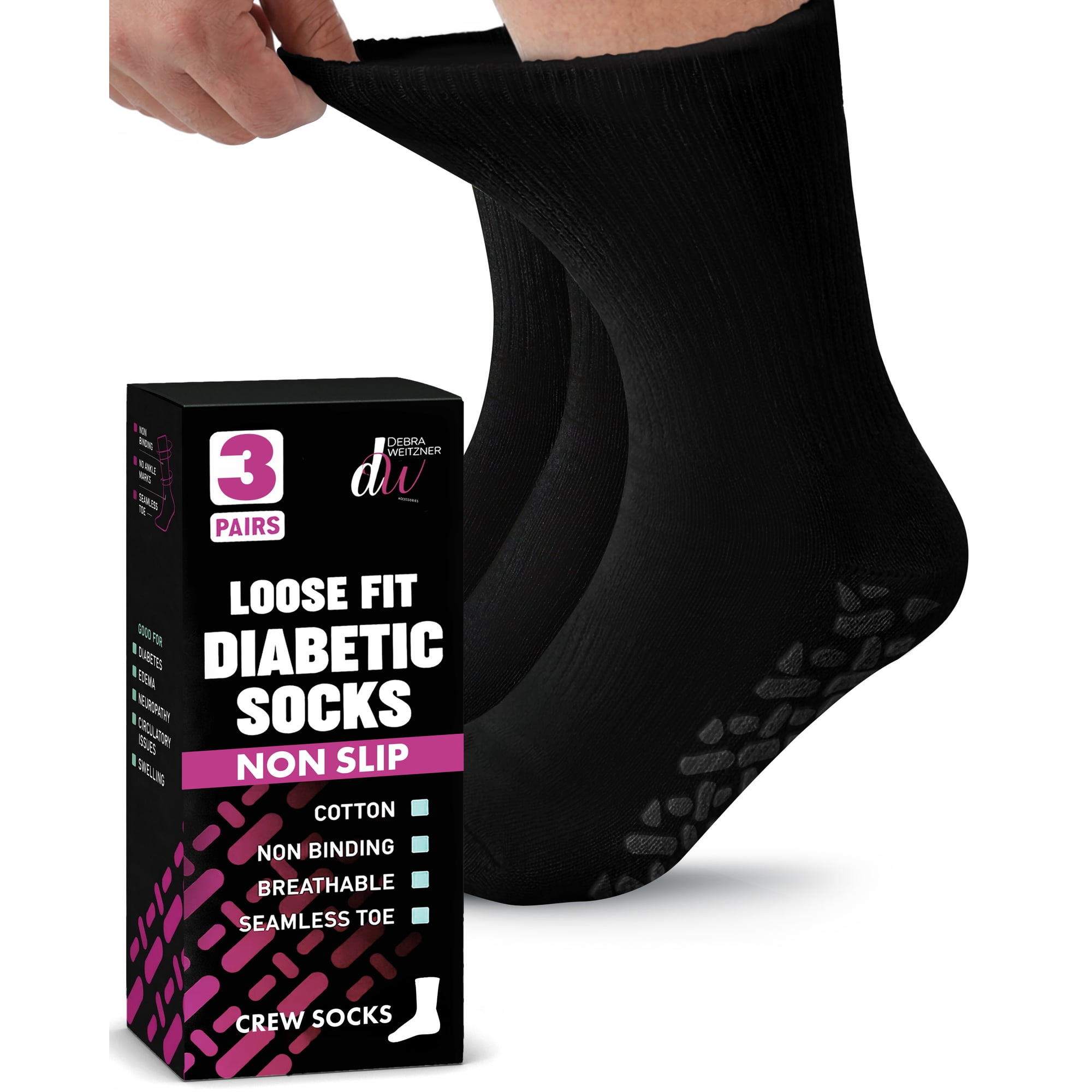 Debra Weitzner Non-Binding Loose Fit Sock - Non-Slip Diabetic Socks for Men and Women - Crew 3-Pack Black Size 10-13