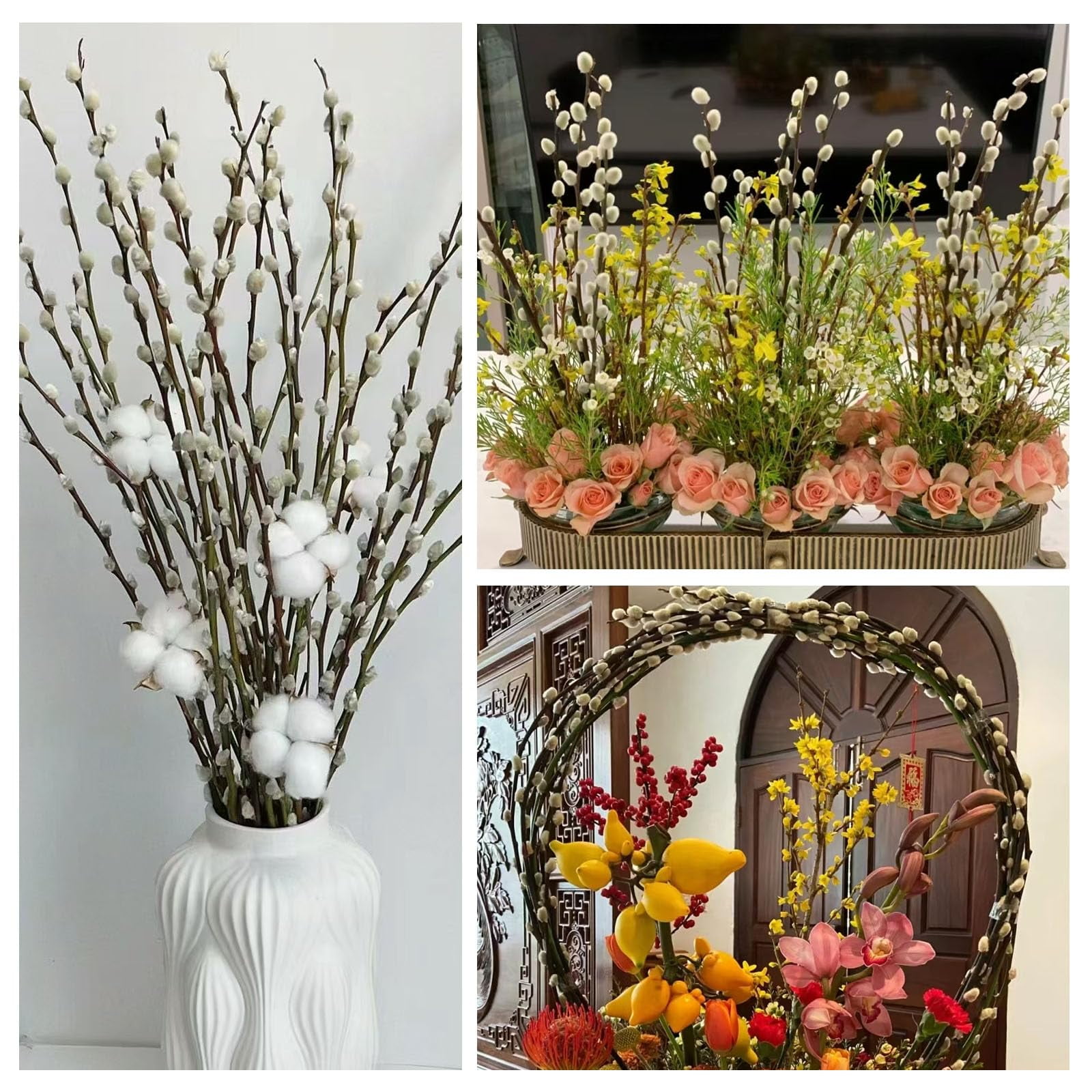 40Pcs Natural Preserved Dried Pussy Willow Branches for Vases, 15.7" Stems Real Willows, Snow Pussywillows, Dried Flowers for Indoor and Outdoor Decor, Wedding Home DIY Floral Art Plants Fireplace