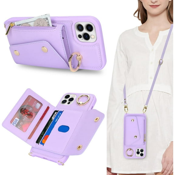 for iPhone 12 Pro Case with Card Holder and Strap - Zipper Pocket,Crossbody Lanyard Strap,Credit Card Holder,Stand Ring,Cute Phone Wallet Case for Women(Purple,6.1 Inch)