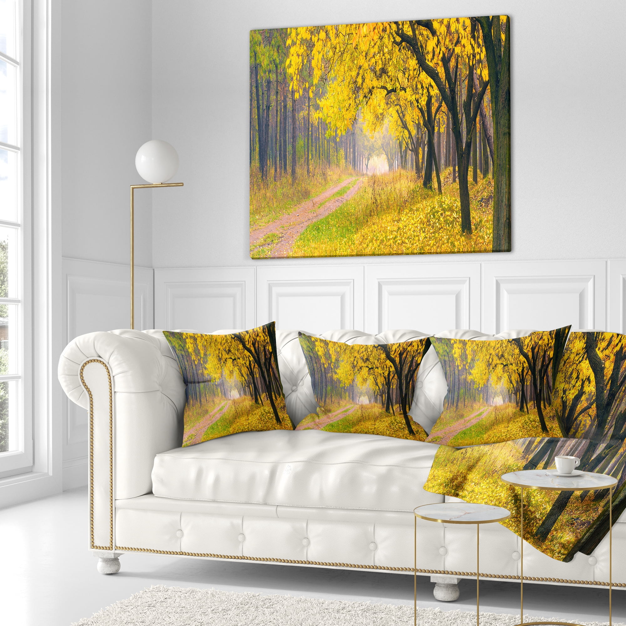 Designart Bright Yellow Autumn Forest - Landscape Photo Throw Pillow - 16x16