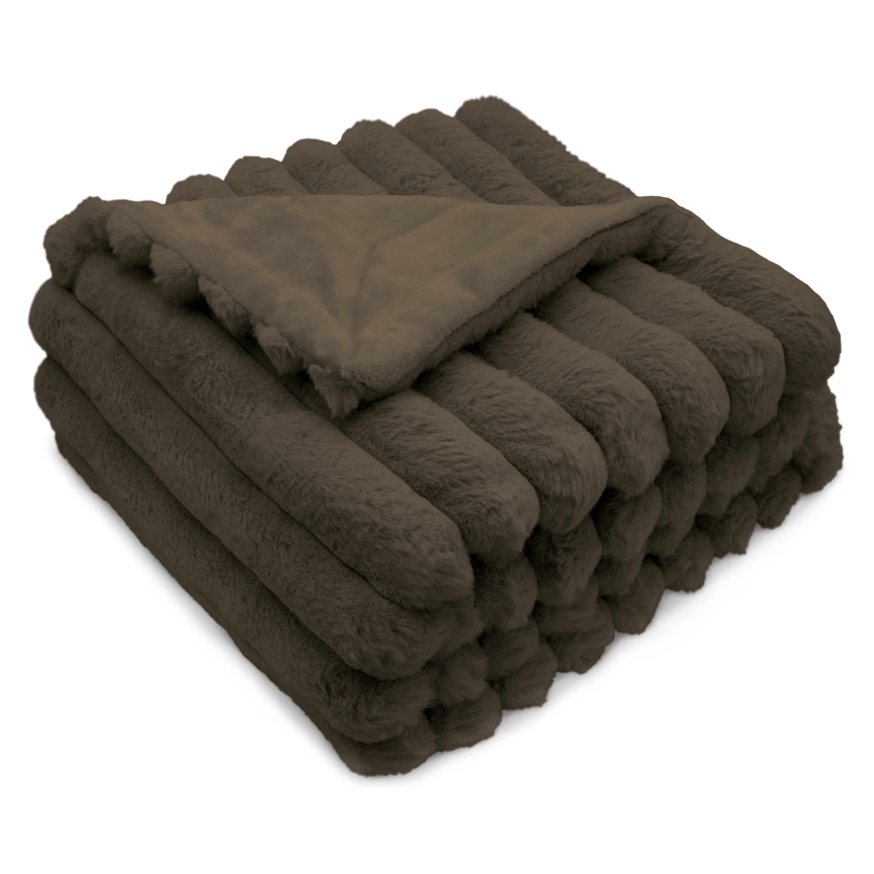 Regal Living Luxury Reversible Textured Stripe Faux Fur & Velvet Throw, Cocoa Brown, 50" x 70"