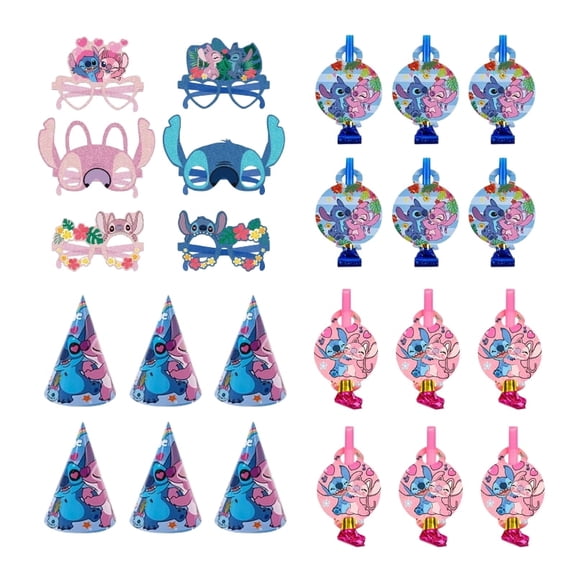 Cartoon Party Supplies Set, 36pcs  Cartoon Party Supplies - Birthday Hats, Pink Blowouts, Blue Blowouts, Party Paper Glasses, Party Favors Kit for Celebrations