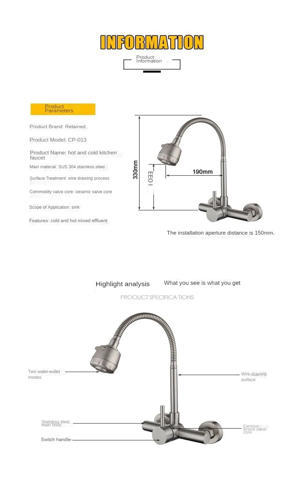304 Stainless Steel Into Wall Hot And Cold, Double Hole Sink Universal Pipe Shower Water Rotary Kitchen Faucet ,Leakproof Design