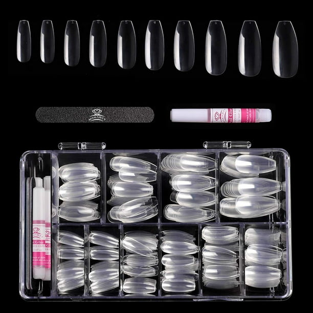 Makartt Press On Nails Kit with 500pcs Coffin Nail Tips Clear Full Cover 4pcs Nail Glues 1pcs