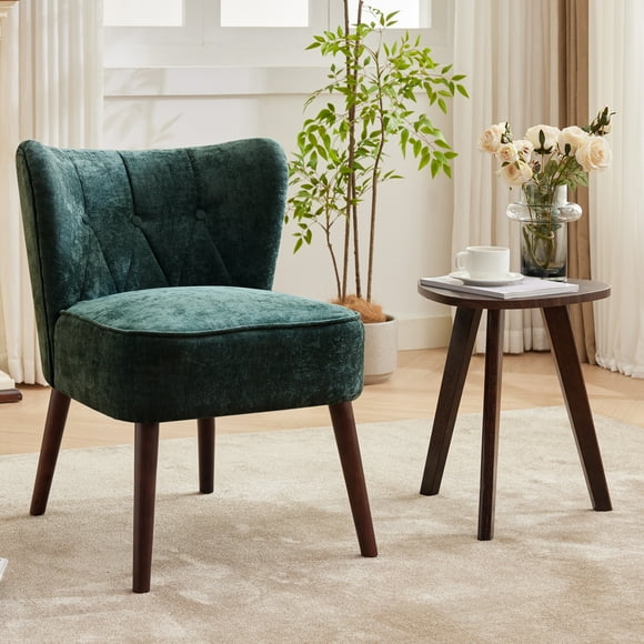 Sillón Acentuador Moderno – Sin Brazos – Patas de Madera – Tapizado Tufted – Cómodo – Lectura – Sala, Dormitorio o Tocador