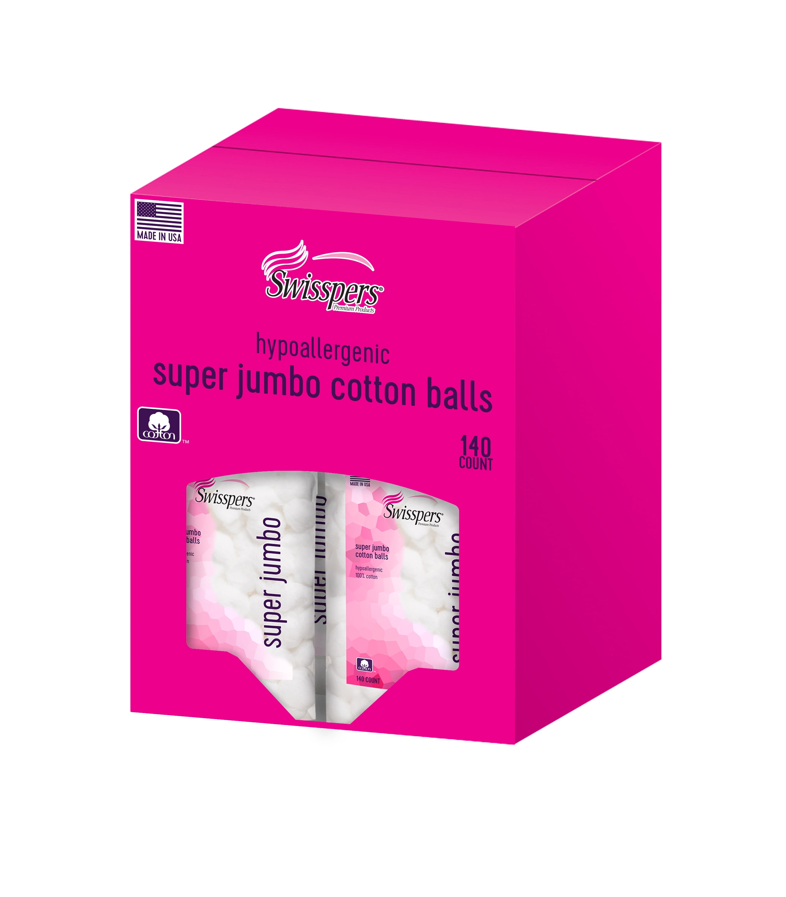 Swisspers 140ct, 100% cotton, white, Premium Hypoallergenic Super Jumbo  Cotton Balls 