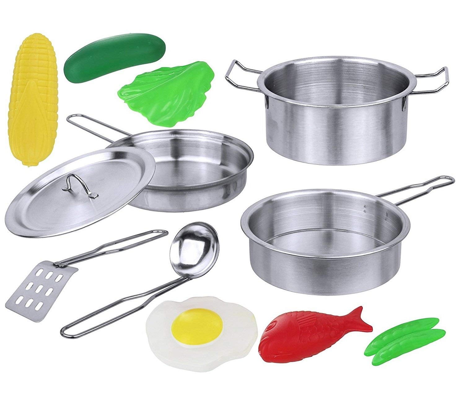Kitchen Playset Accessories Toys Stainless Steel Cookware Pots and Pans Set, 