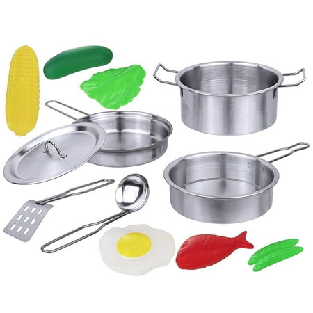 Click N&amp;#39; Play 12 Piece Mini Stainless Steel Pots and Pans Cookware Pretend Playset with Play Food