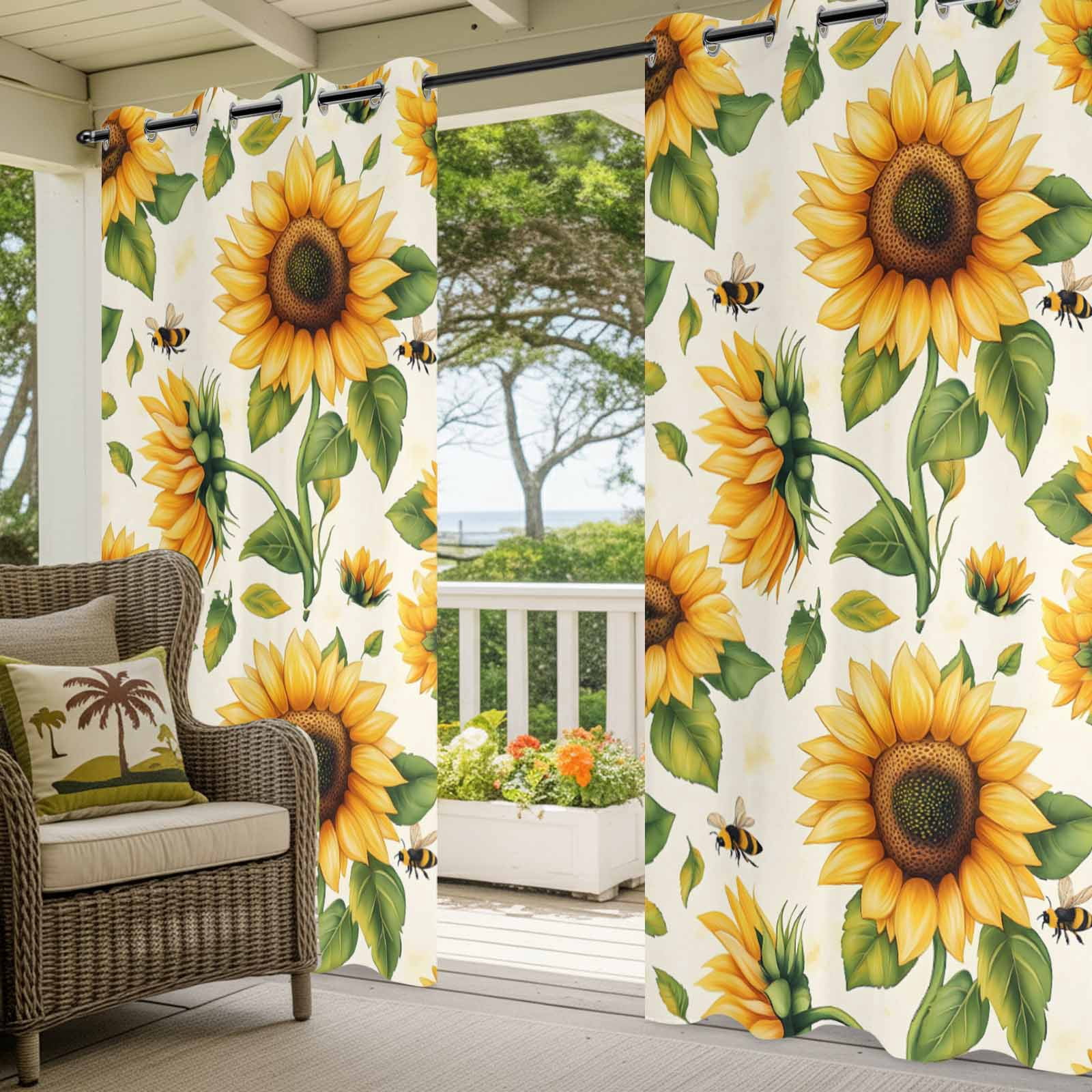 Summer Floral Outdoor Curtains for Patio, Watercolor Flowers Romantic Sunflower Farmhouse Bee Waterproof Outside Curtains Privacy Blackout Curtain for Porch Pergola Cabana, 1 Panel 54W x 84L Inch