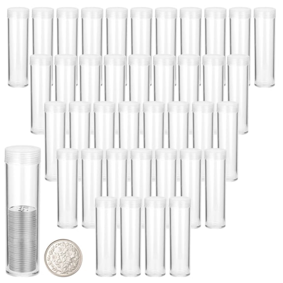 40 Pcs Plastic Coin Tubes, Clear 4.5 x 0.98 inch Round Cases with Screw-on Caps, Quarter Round Storage Holder for Coin Collection Supplies, Accessories