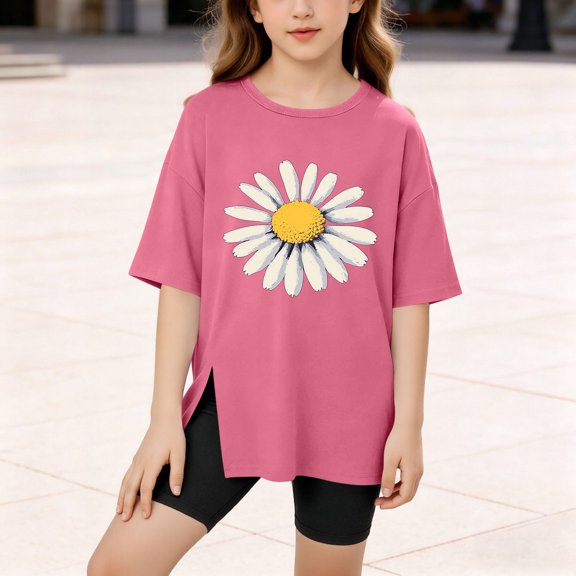 FSYBOA Girls Graphic T Shirts Size 10-12T, Short Sleeve School Crew Neck Split Hem Kids Casual Summer Tops Pink