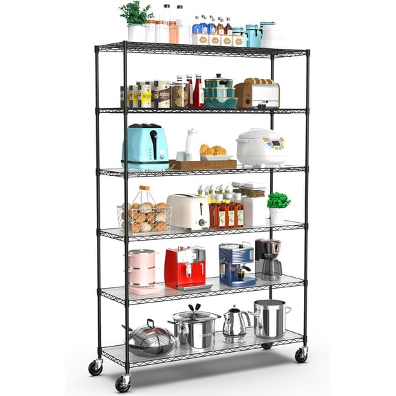 6 Tier NSF Wire Shelf Shelving Unit, 18 x 48 x 82 Inch 6000lbs Capacity Heavy Duty Adjustable Storage Metal Rack with Wheels/Leveling Feet & Shelf Liners, Ideal for Garage, Kitchen, and More - Black